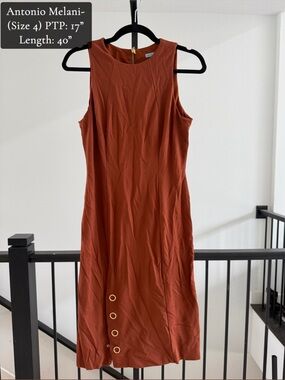 ANTONIO MELANI rust orange sleeveless midi sheath dress with gold eyelets